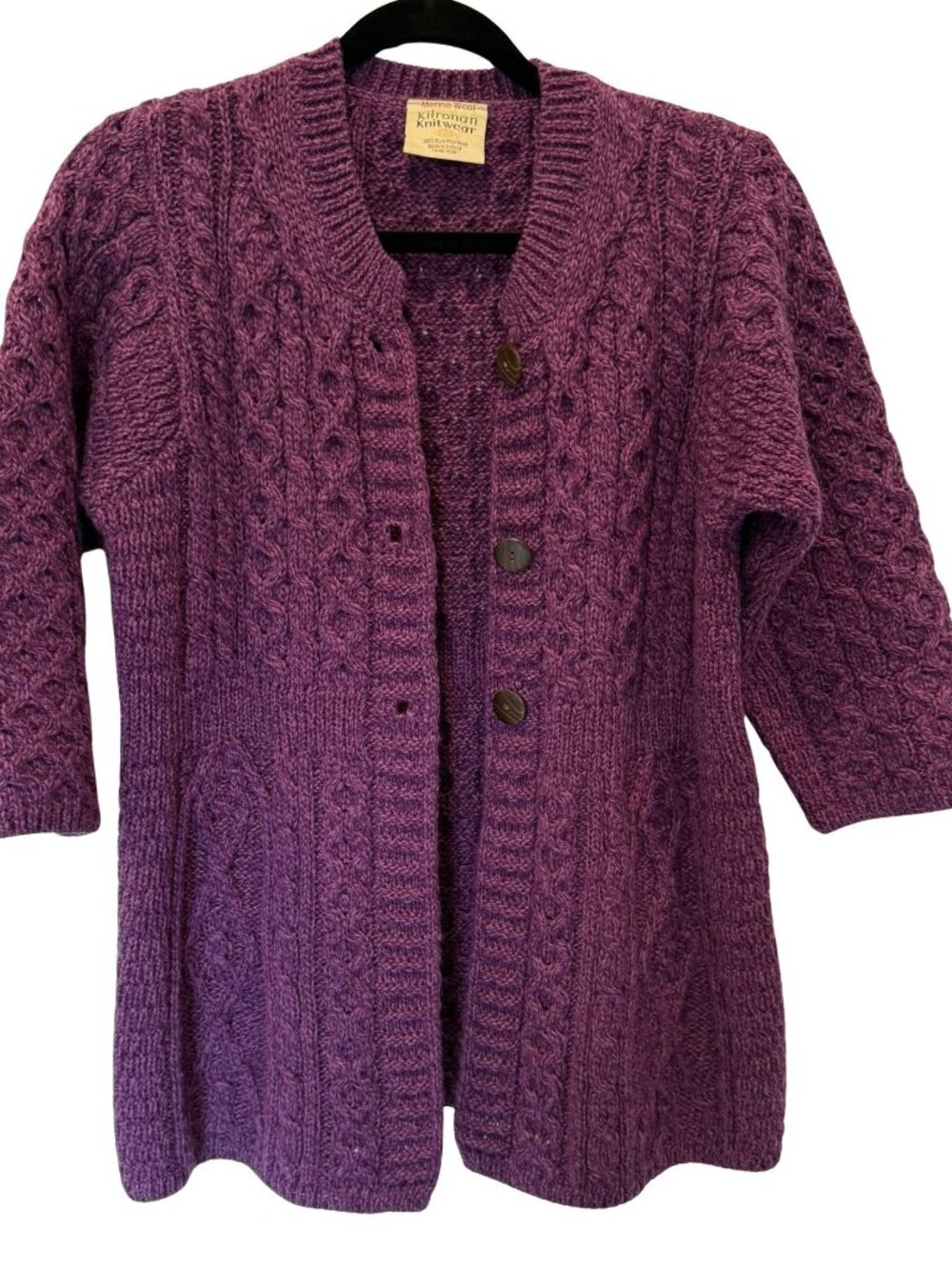 Kilronan Knitwear Purple Merino Wool Aran Cable Cardigan Ireland